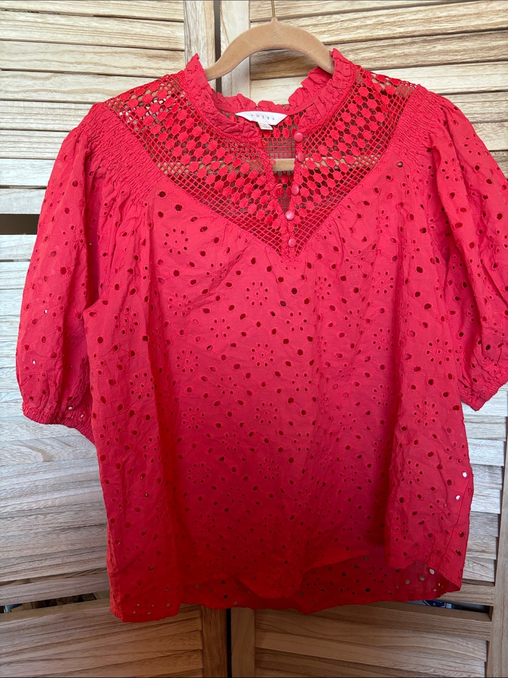 Adiva Red Eyelet Lace Yoke Accented Front Blouse Large